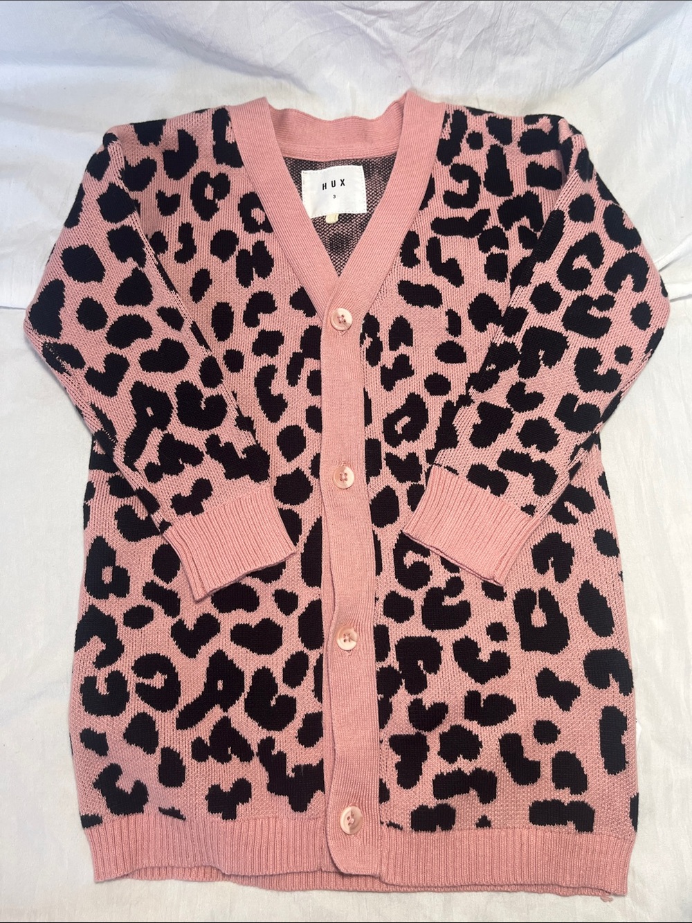 EUC Hux Pink Baby Organic Cotton Black Leopard Print Knit Cardigan 3